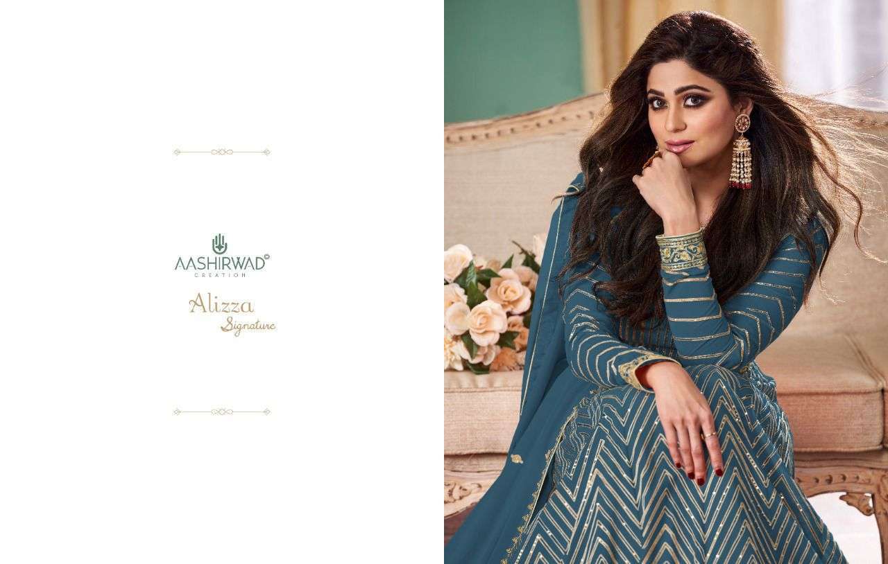 AASHIRWAD CREATION PRESENT ALIZZA SIGNATURE READYMADE GEORGETTE FANCY LONG DESIGNER SUITS IN WHOLESALE RATE IN SURAT - SAI DRESSES