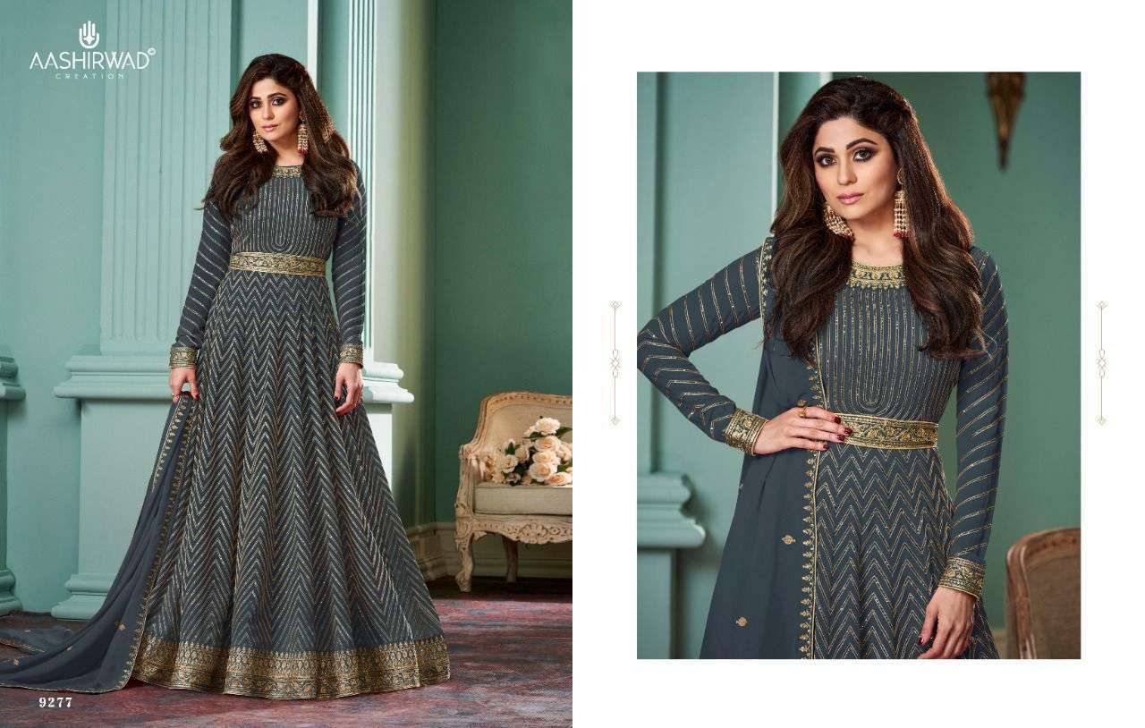 AASHIRWAD CREATION PRESENT ALIZZA SIGNATURE READYMADE GEORGETTE FANCY LONG DESIGNER SUITS IN WHOLESALE RATE IN SURAT - SAI DRESSES