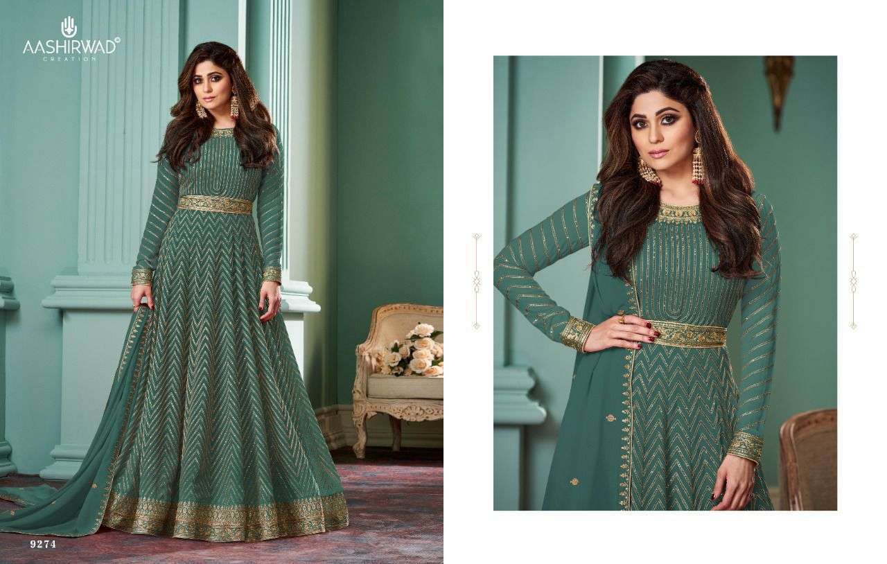 AASHIRWAD CREATION PRESENT ALIZZA SIGNATURE READYMADE GEORGETTE FANCY LONG DESIGNER SUITS IN WHOLESALE RATE IN SURAT - SAI DRESSES