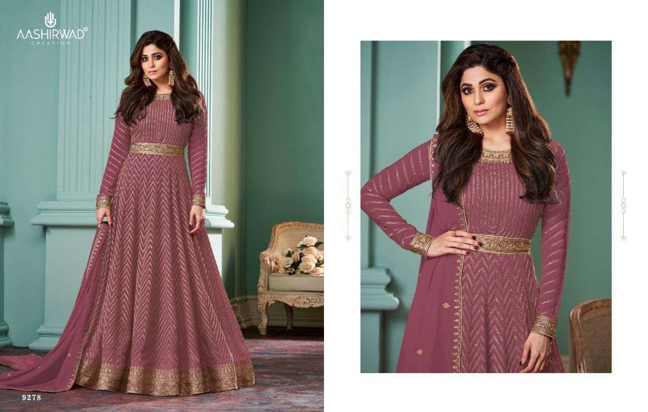 AASHIRWAD CREATION PRESENT ALIZZA SIGNATURE READYMADE GEORGETTE FANCY LONG DESIGNER SUITS IN WHOLESALE RATE IN SURAT - SAI DRESSES