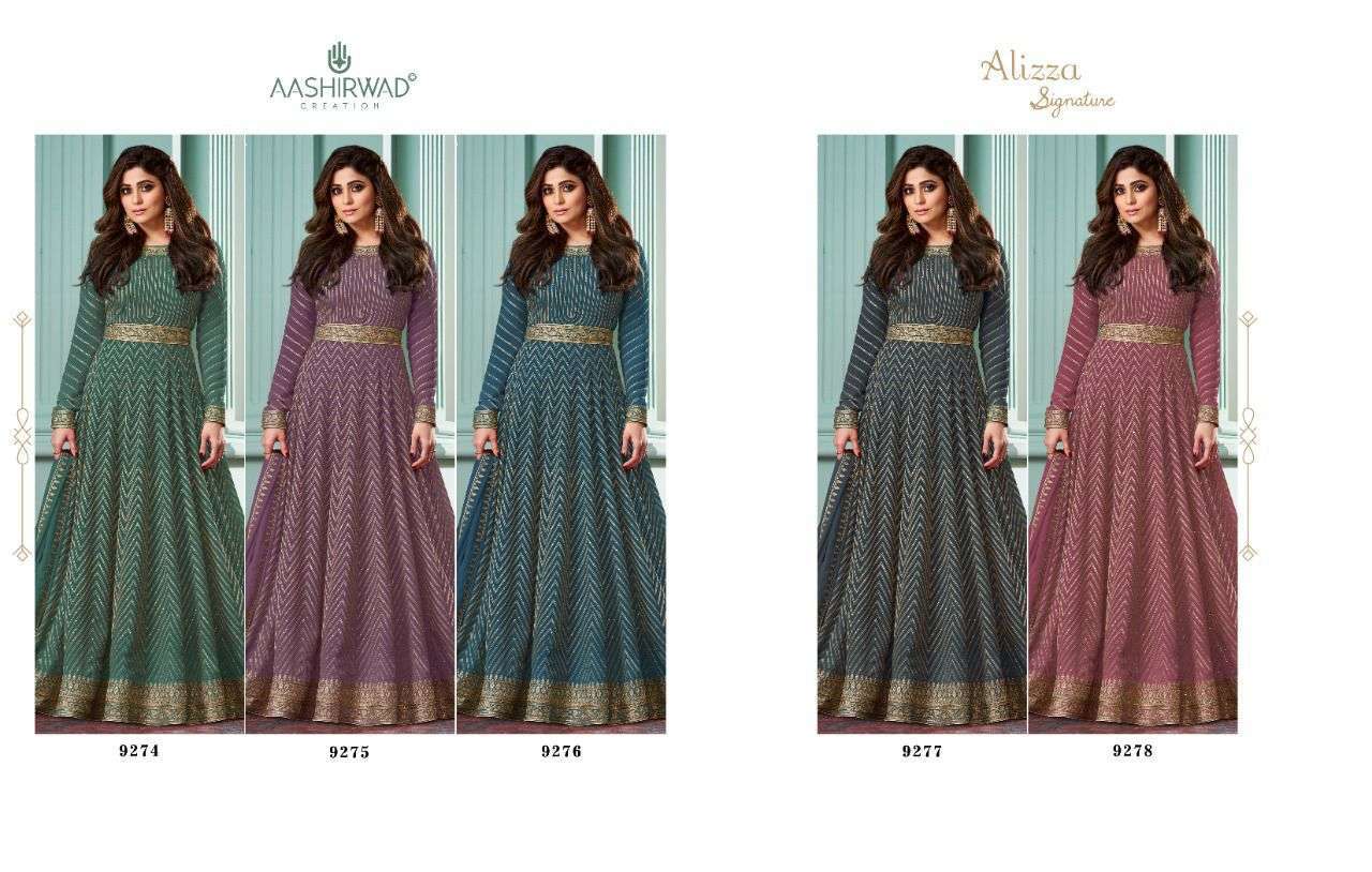 AASHIRWAD CREATION PRESENT ALIZZA SIGNATURE READYMADE GEORGETTE FANCY LONG DESIGNER SUITS IN WHOLESALE RATE IN SURAT - SAI DRESSES