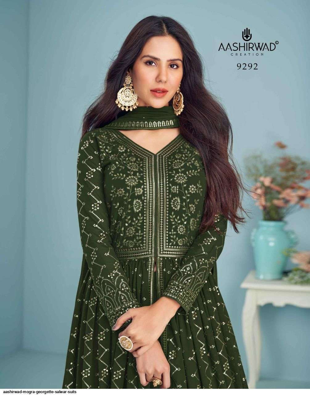 AASHIRWAD CREATION PRESENT MOGRA READYMADE LONG ANARKALI STYLE DESIGNER SUITS IN WHOLESALE PRICE IN SURAT - SAI DRESSES