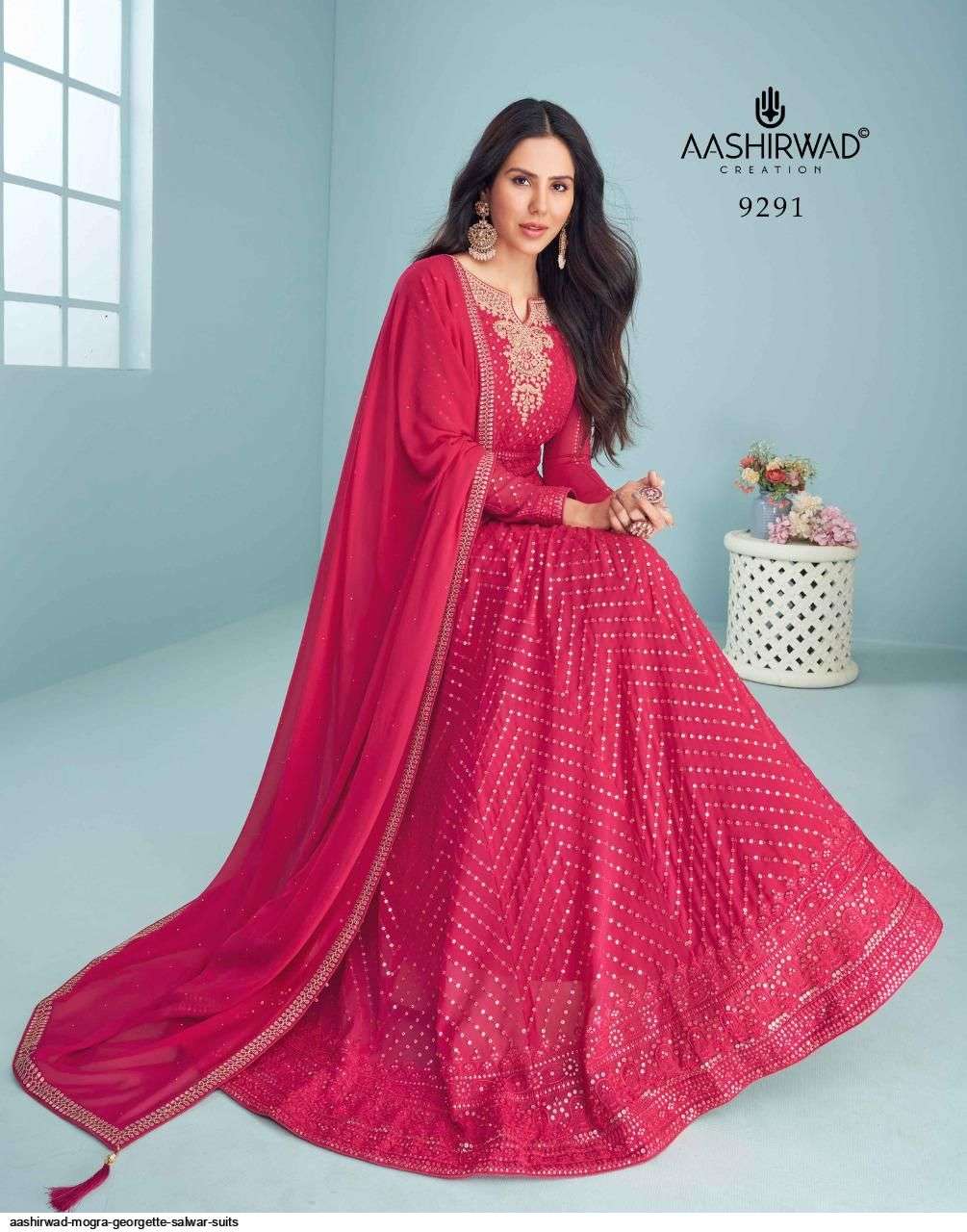 AASHIRWAD CREATION PRESENT MOGRA READYMADE LONG ANARKALI STYLE DESIGNER SUITS IN WHOLESALE PRICE IN SURAT - SAI DRESSES