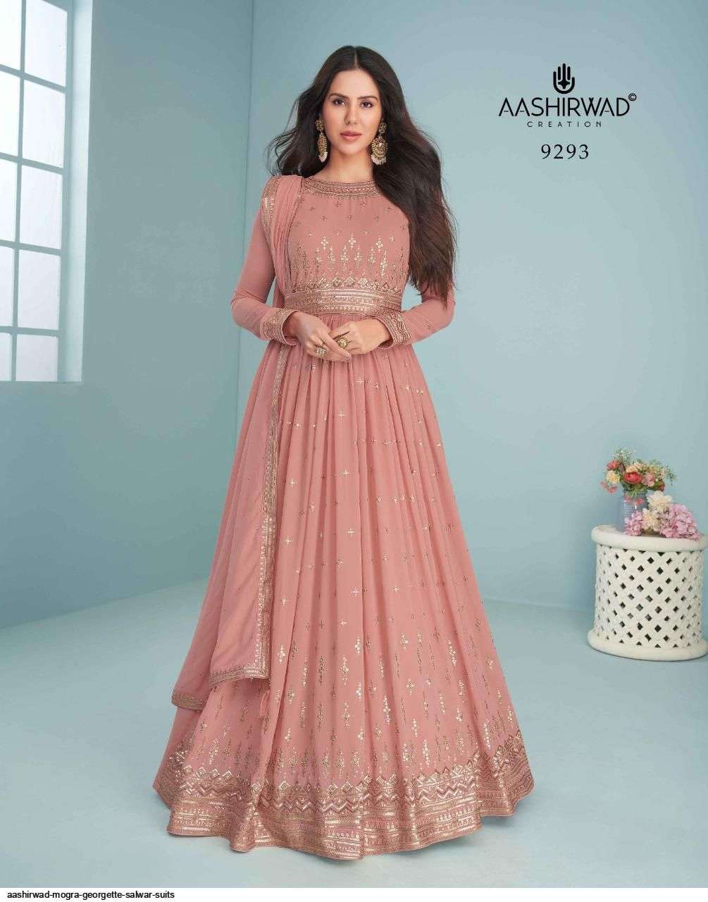AASHIRWAD CREATION PRESENT MOGRA READYMADE LONG ANARKALI STYLE DESIGNER SUITS IN WHOLESALE PRICE IN SURAT - SAI DRESSES