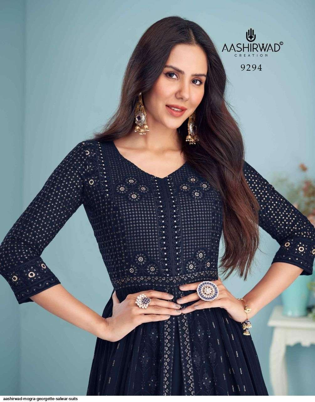 AASHIRWAD CREATION PRESENT MOGRA READYMADE LONG ANARKALI STYLE DESIGNER SUITS IN WHOLESALE PRICE IN SURAT - SAI DRESSES