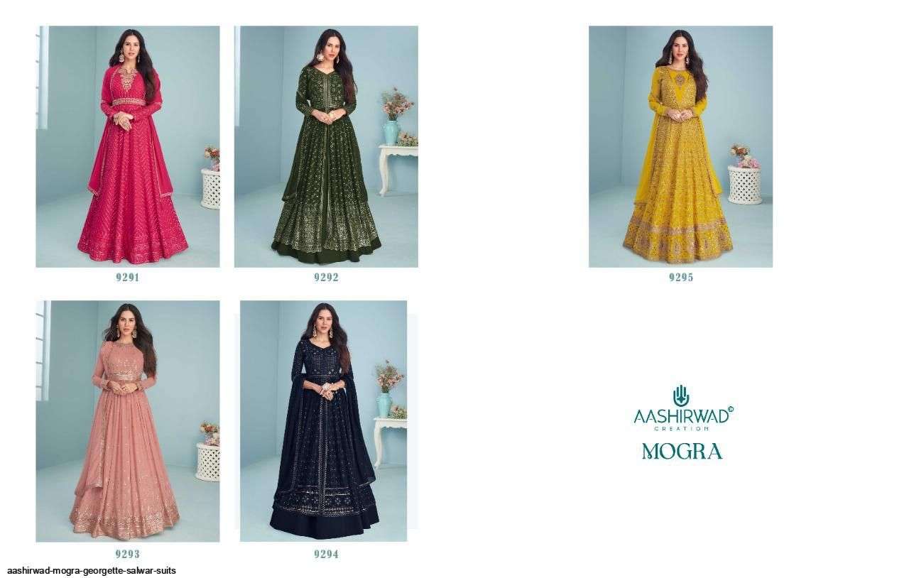 AASHIRWAD CREATION PRESENT MOGRA READYMADE LONG ANARKALI STYLE DESIGNER SUITS IN WHOLESALE PRICE IN SURAT - SAI DRESSES