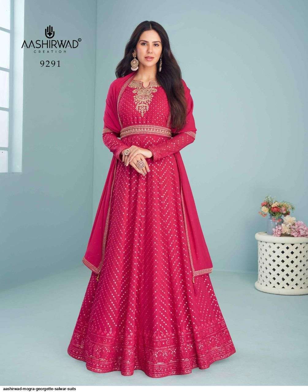 AASHIRWAD CREATION PRESENT MOGRA READYMADE LONG ANARKALI STYLE DESIGNER SUITS IN WHOLESALE PRICE IN SURAT - SAI DRESSES