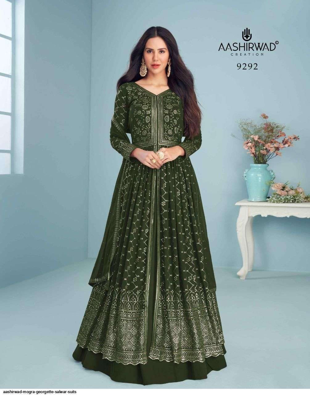 AASHIRWAD CREATION PRESENT MOGRA READYMADE LONG ANARKALI STYLE DESIGNER SUITS IN WHOLESALE PRICE IN SURAT - SAI DRESSES
