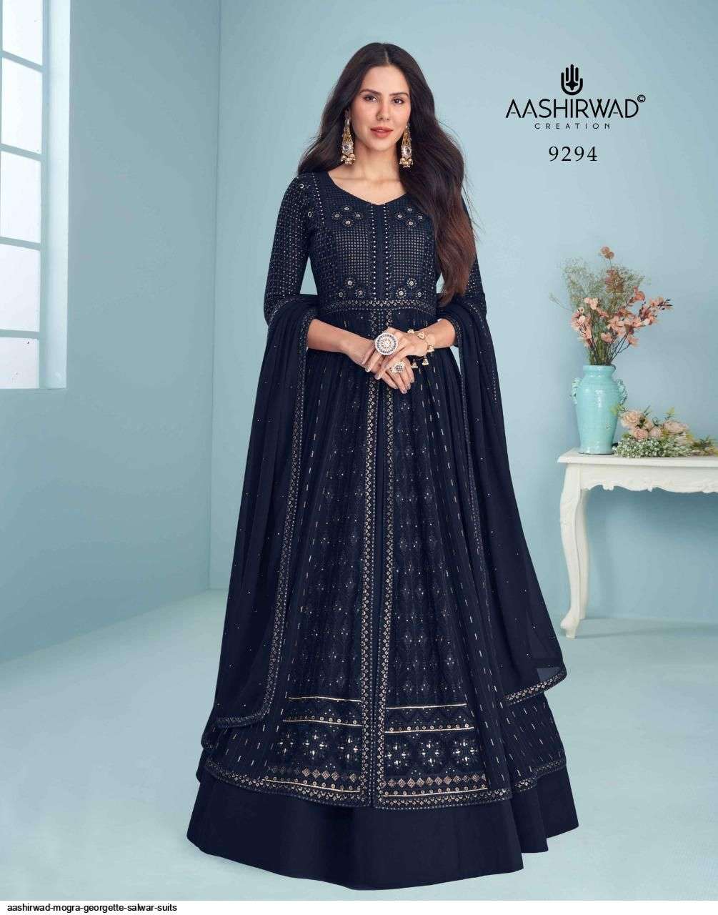 AASHIRWAD CREATION PRESENT MOGRA READYMADE LONG ANARKALI STYLE DESIGNER SUITS IN WHOLESALE PRICE IN SURAT - SAI DRESSES