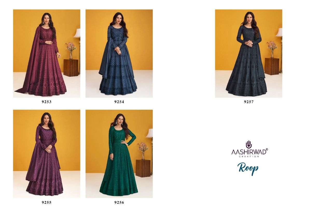 AASHIRWAD CREATION PRESENT ROOP READYMADE PARTY WEAR DESIGNER SUITS IN WHOLESALE PRICE IN SURAT - SAI DRESSES