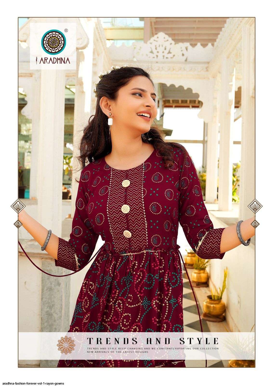 ARADHNA PRESENT FASHION FOREVER VOL 1 RAYON GOWN STYLE LONG KURTIS IN WHOLESALE RATE IN SURAT - SAI DRESSES