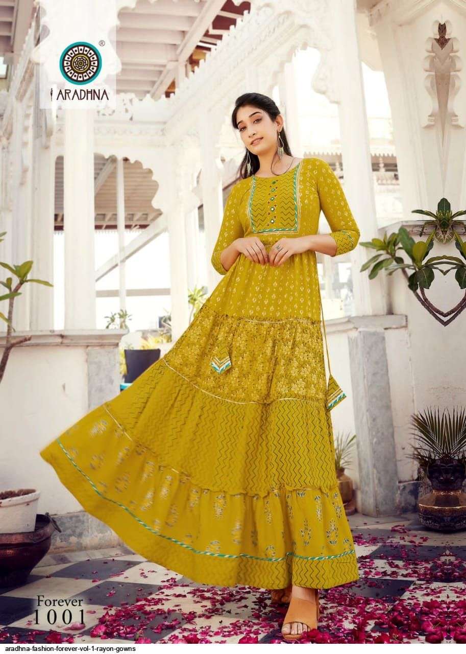 ARADHNA PRESENT FASHION FOREVER VOL 1 RAYON GOWN STYLE LONG KURTIS IN WHOLESALE RATE IN SURAT - SAI DRESSES