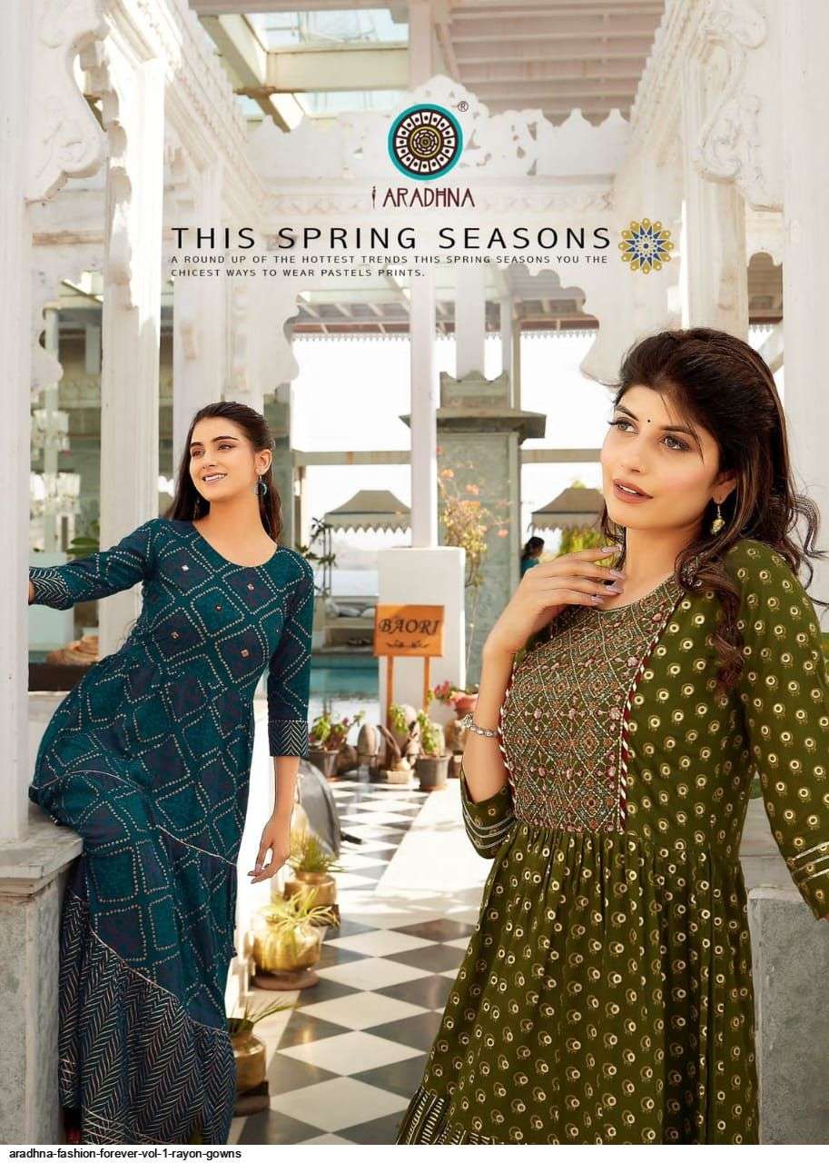 ARADHNA PRESENT FASHION FOREVER VOL 1 RAYON GOWN STYLE LONG KURTIS IN WHOLESALE RATE IN SURAT - SAI DRESSES