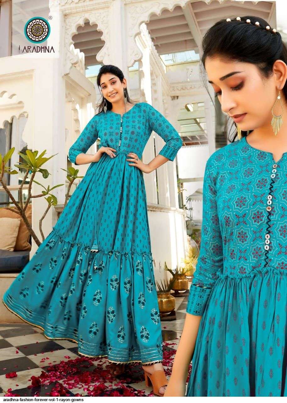 ARADHNA PRESENT FASHION FOREVER VOL 1 RAYON GOWN STYLE LONG KURTIS IN WHOLESALE RATE IN SURAT - SAI DRESSES