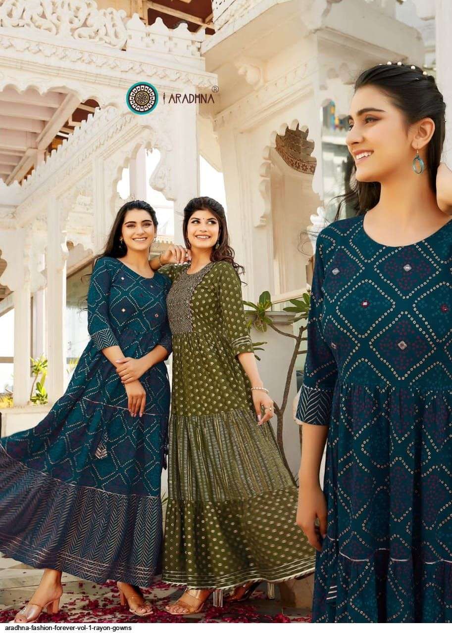 ARADHNA PRESENT FASHION FOREVER VOL 1 RAYON GOWN STYLE LONG KURTIS IN WHOLESALE RATE IN SURAT - SAI DRESSES