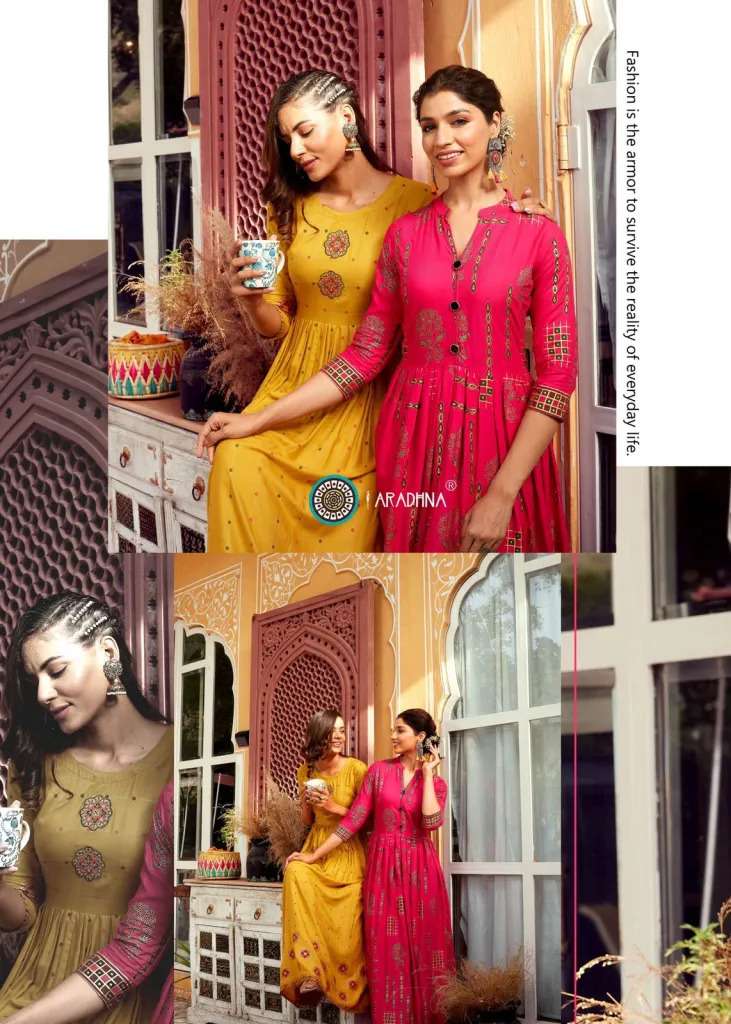 ARADHNA PRESENT RIWAAZ VOL 5 RAYON GOWN STYLE LONG KURTIS IN WHOLESALE RATE IN SURAT - SAI DRESSES