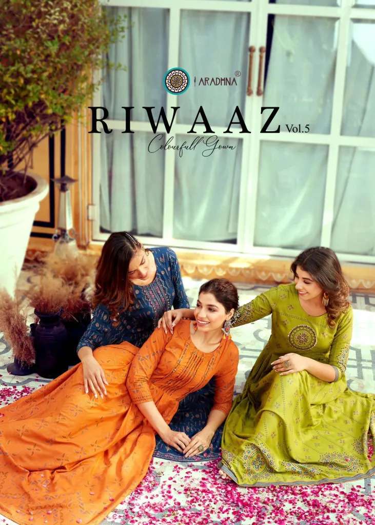 ARADHNA PRESENT RIWAAZ VOL 5 RAYON GOWN STYLE LONG KURTIS IN WHOLESALE RATE IN SURAT - SAI DRESSES