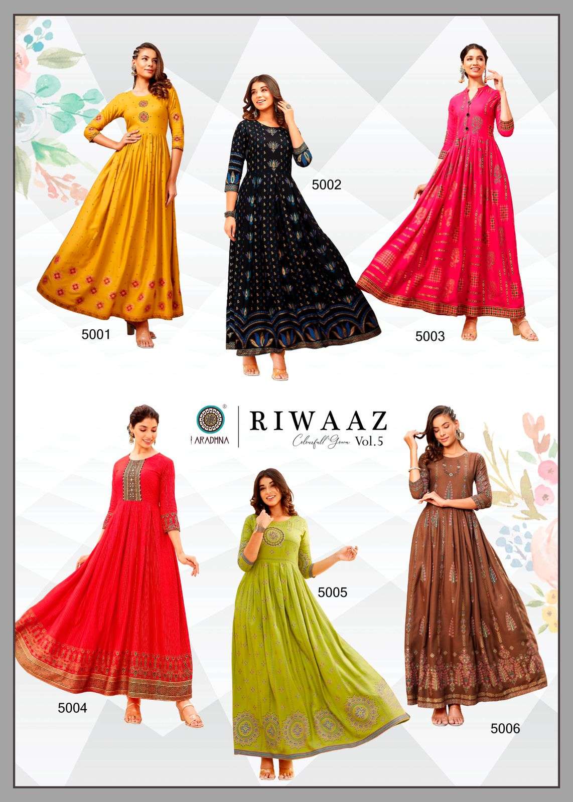 ARADHNA PRESENT RIWAAZ VOL 5 RAYON GOWN STYLE LONG KURTIS IN WHOLESALE RATE IN SURAT - SAI DRESSES