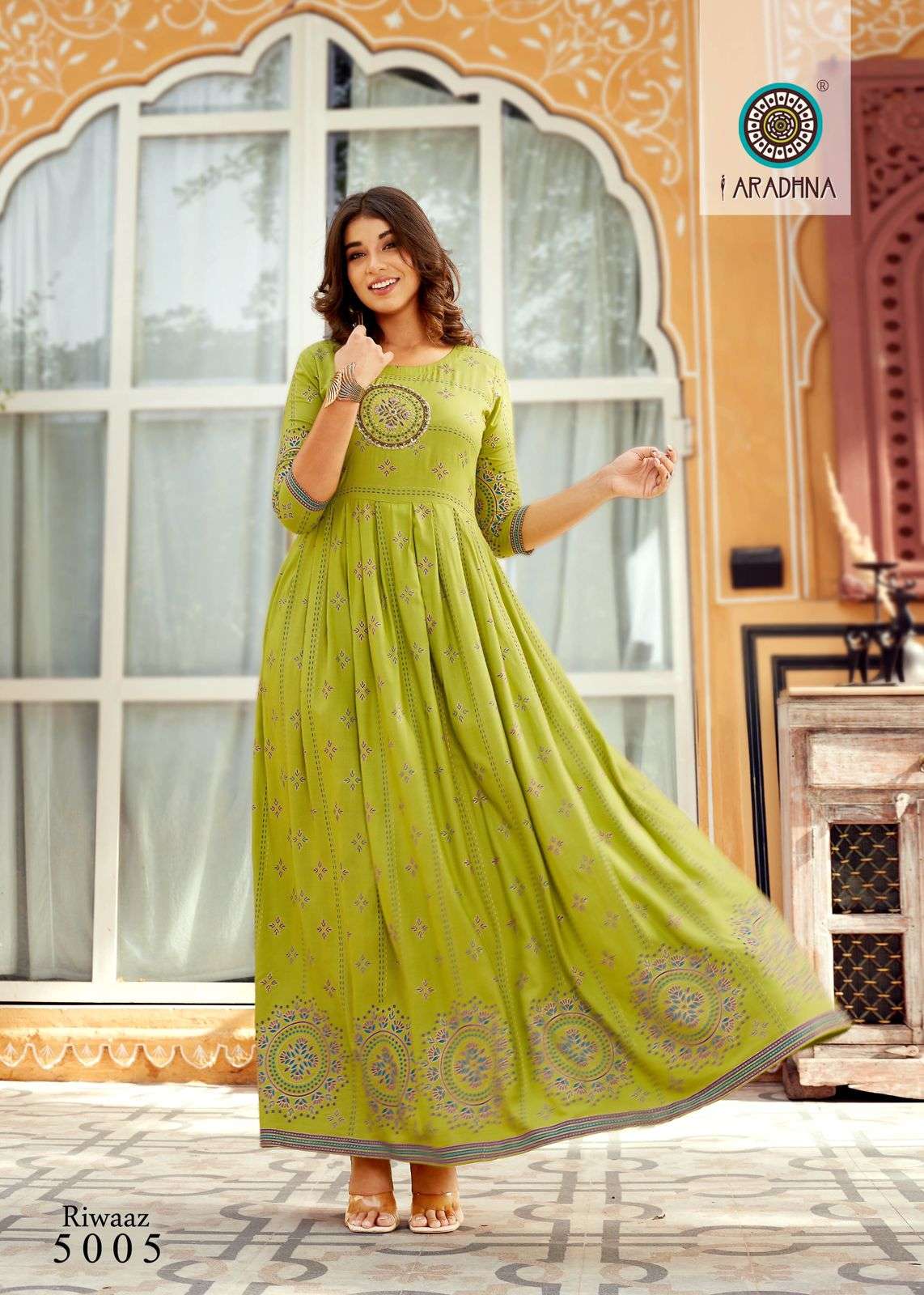 ARADHNA PRESENT RIWAAZ VOL 5 RAYON GOWN STYLE LONG KURTIS IN WHOLESALE RATE IN SURAT - SAI DRESSES