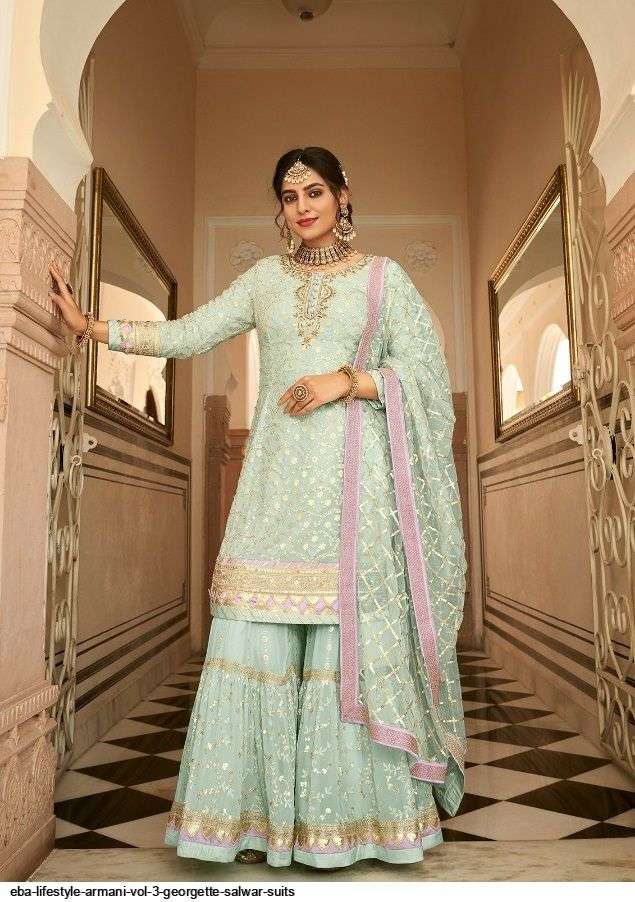 EBA LIFESTYLE PRESENT ARMANI VOL 3 SEMI STITCHED DESIGNER SUITS IN WHOLESALE RATE IN SURAT - SAI DRESSES 