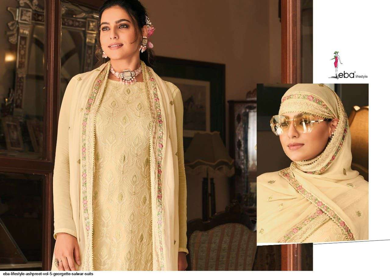 EBA LIFESTYLE PRESENT ASHPREET VOL 5 GEORGETTE SEMI STITCHED SALWAR SUITS IN WHOLESALE RATE IN SURAT - SAI DRESSES