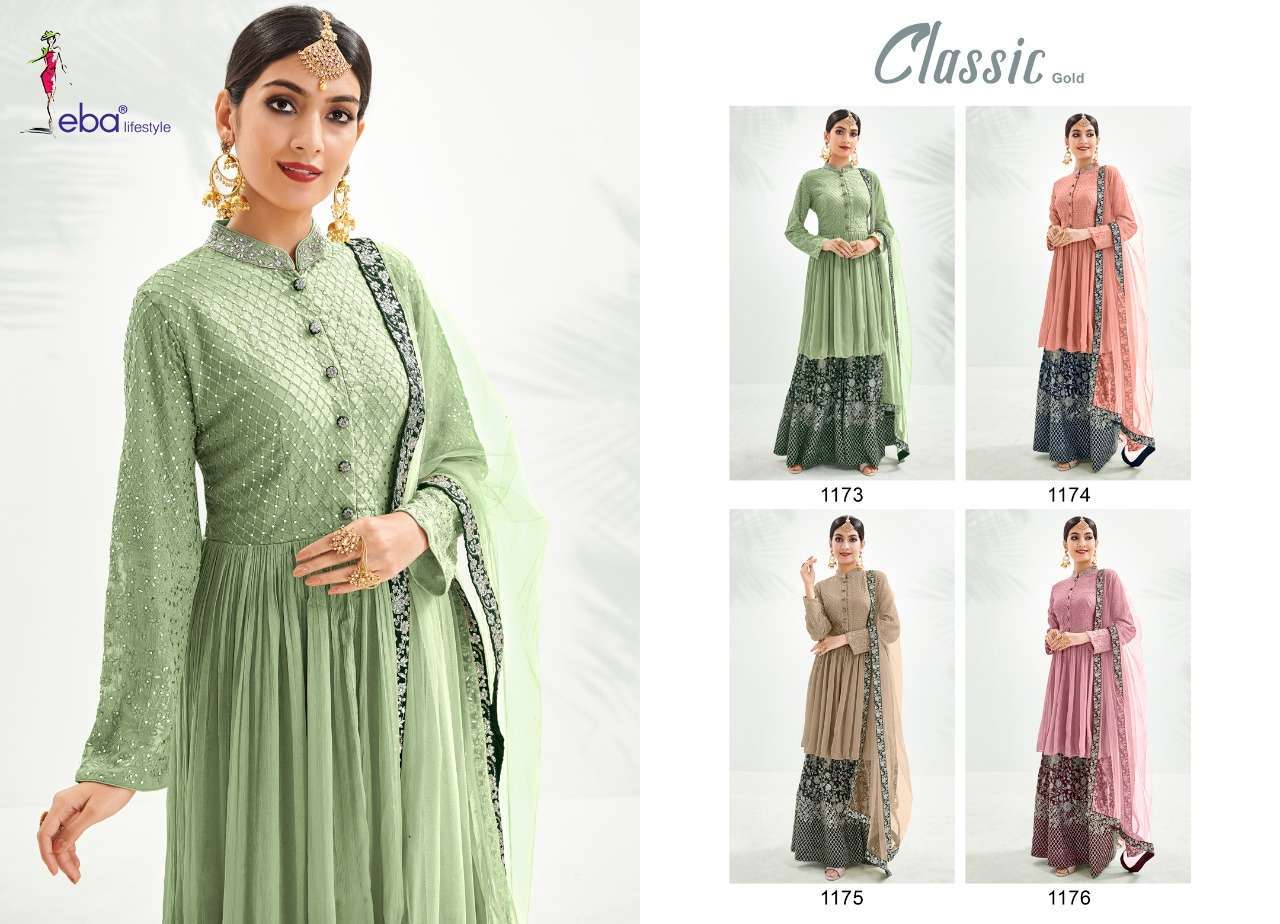 EBA LIFESTYLE PRESENT CLASSIC GOLD CHINON WITH EMBROIDERED PLAZZO STYLE DESIGNER SUITS IN WHOLESALE RATE IN SURAT - SAI DRESSES