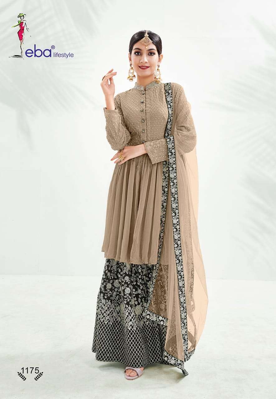 EBA LIFESTYLE PRESENT CLASSIC GOLD CHINON WITH EMBROIDERED PLAZZO STYLE DESIGNER SUITS IN WHOLESALE RATE IN SURAT - SAI DRESSES