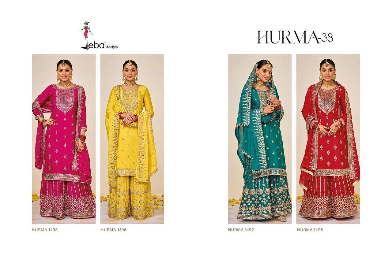 EBA LIFESTYLE PRESENT HURMA VOL 38 KARWA CHAUTH SPECIAL SEMI STITCHED CHINNON EMBROIDERED PLAZZO STYLE FANCY SUITS IN WHOLESALE RATE IN SURAT - SAI DRESSES