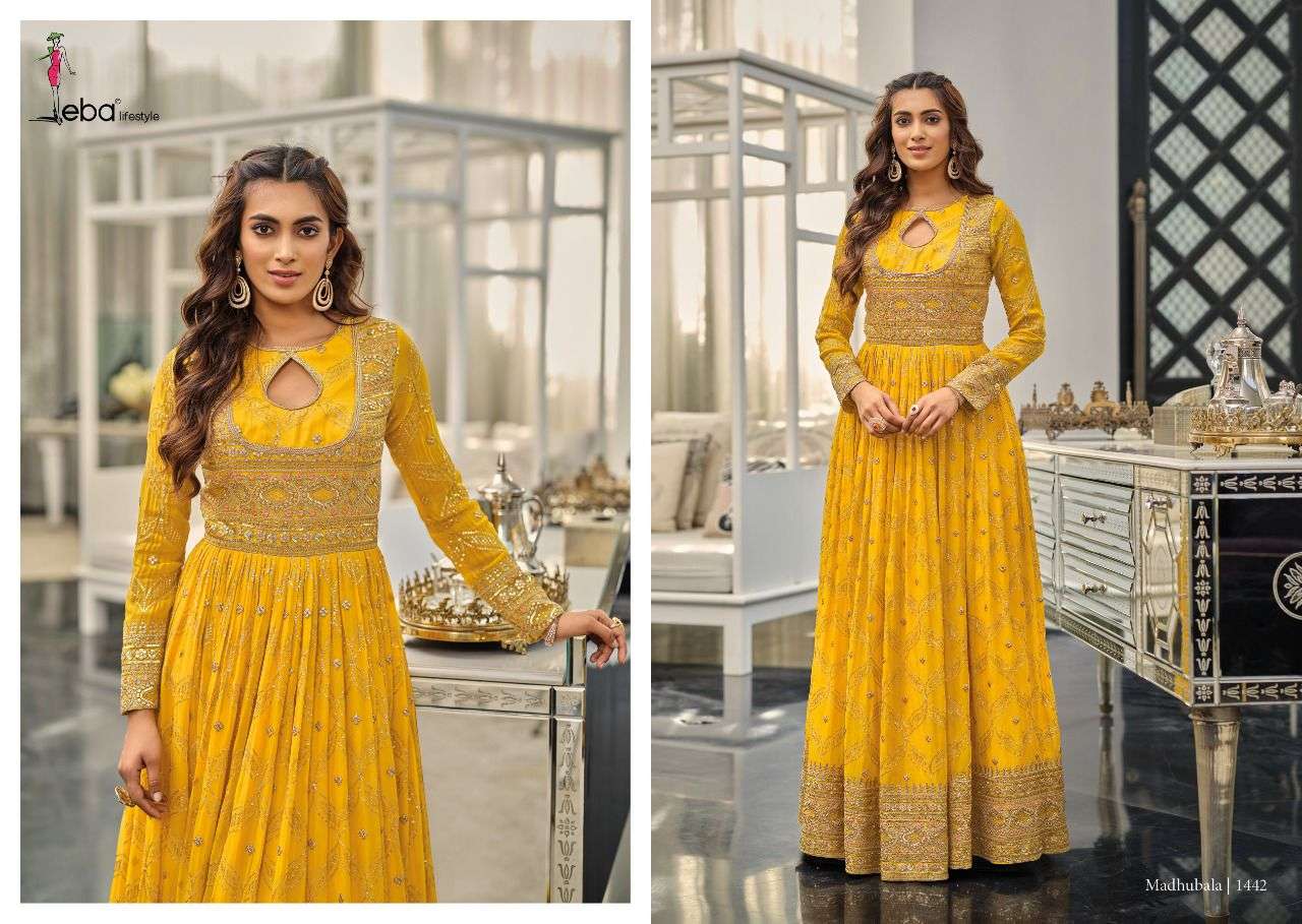 EBA LIFESTYLE PRESENT MADHUBALA SEMI STITCHED LONG GOWN STYLE DESIGNER SUITS IN WHOLESALE RATE IN SURAT - SAI DRESSES