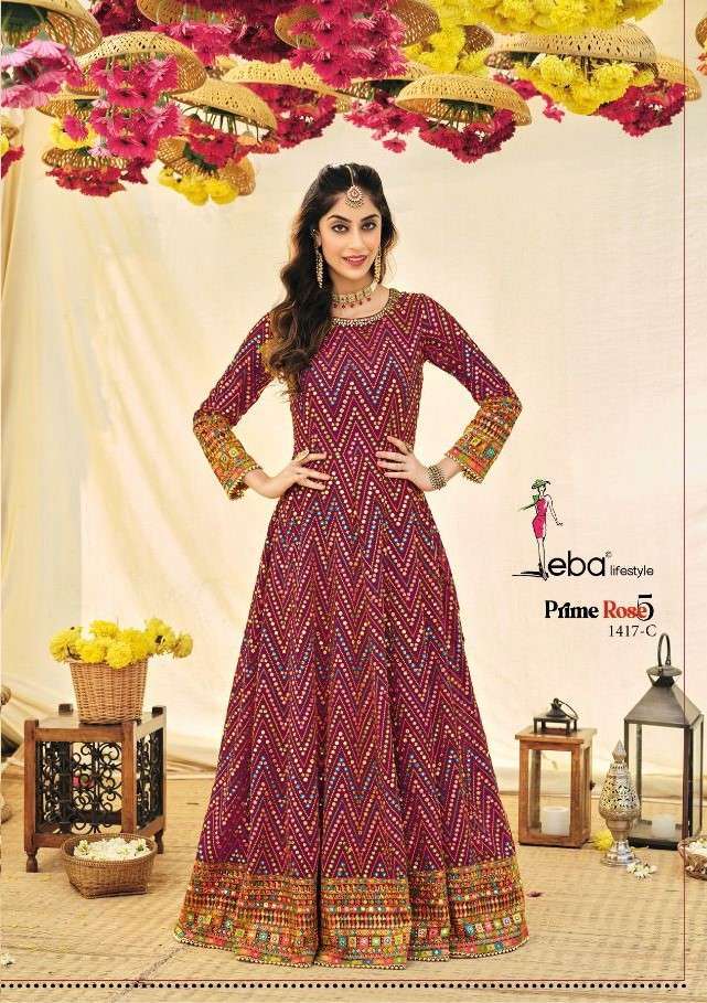 EBA LIFESTYLE PRESENT PRIME ROSE VOL 5 COLOUR EDITION 2 SEMI STITCHED ANARKALI STYLE LONG PARTY WEAR DESIGNER SUITS IN WHOLESALE RATE IN SURAT - SAI DRESSES