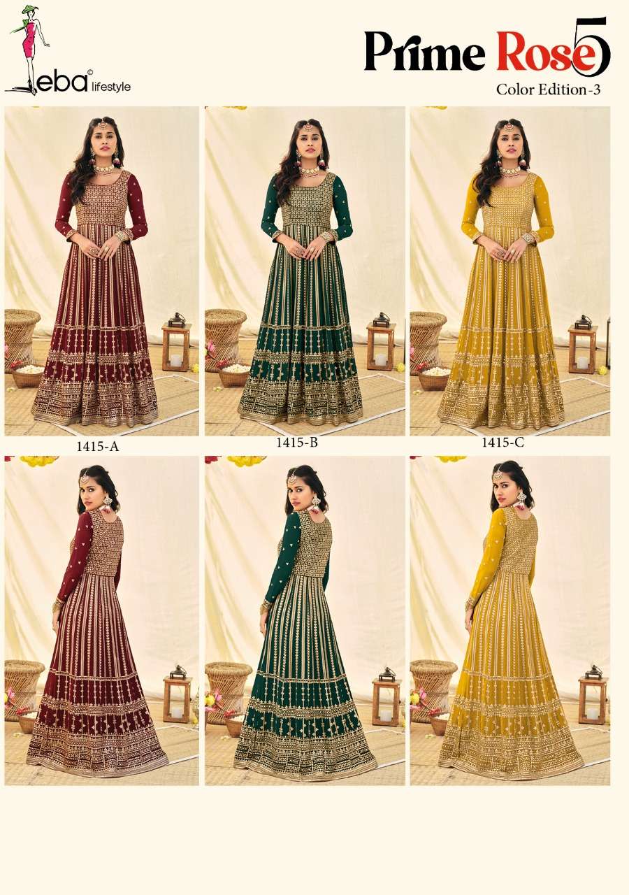 EBA LIFESTYLE PRESENT PRIME ROSE VOL 5 COLOUR EDITION 3 SEMI STITCHED ANARKALI STYLE LONG PARTY WEAR DESIGNER SUITS IN WHOLESALE RATE IN SURAT - SAI DRESSES