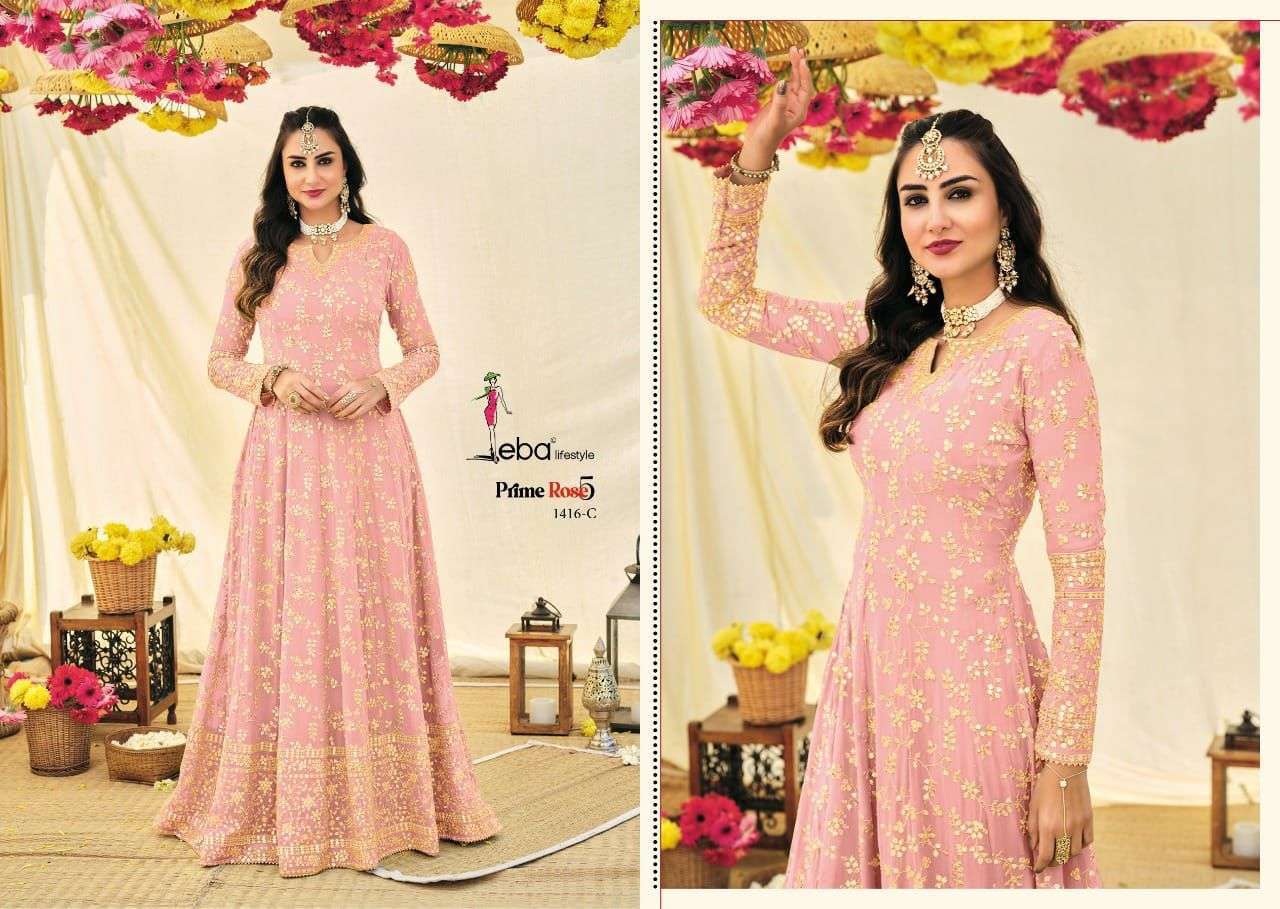 EBA LIFESTYLE PRESENT PRIME ROSE VOL 5 COLOUR EDITION SEMI STITCHED ANARKALI STYLE LONG PARTY WEAR DESIGNER SUITS IN WHOLESALE RATE IN SURAT - SAI DRESSES  