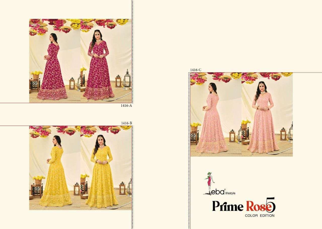 EBA LIFESTYLE PRESENT PRIME ROSE VOL 5 COLOUR EDITION SEMI STITCHED ANARKALI STYLE LONG PARTY WEAR DESIGNER SUITS IN WHOLESALE RATE IN SURAT - SAI DRESSES  