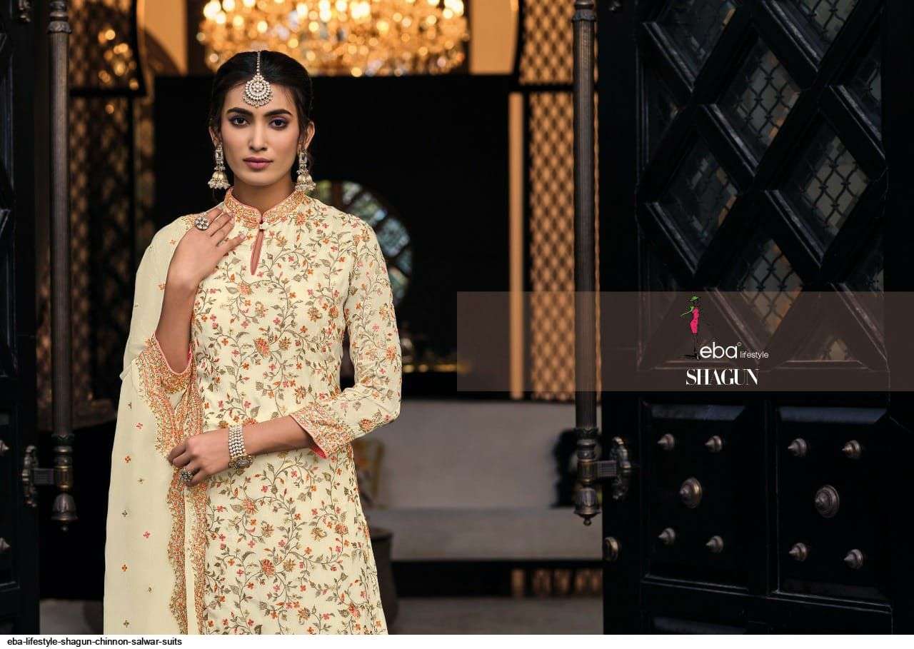 EBA LIFESTYLE PRESENT SHAGUN FESTIVE WEAR SEMI STITCHED DESIGNER SUITS IN WHOLESALE RATE IN SURAT - SAI DRESSES