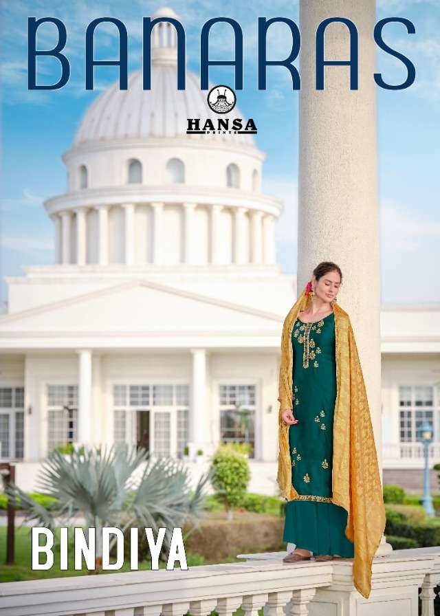 HANSA PRINTS PRESENT BANARAS BINDIYA SATIN GEORGETTE DESIGNER SUITS IN WHOLESALE RATE IN SURAT - SAI DRESSES