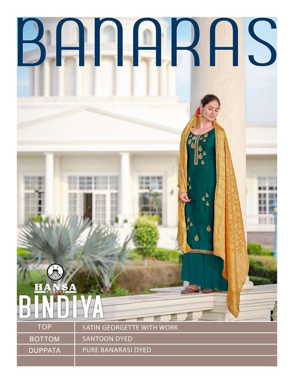 HANSA PRINTS PRESENT BANARAS BINDIYA SATIN GEORGETTE DESIGNER SUITS IN WHOLESALE RATE IN SURAT - SAI DRESSES