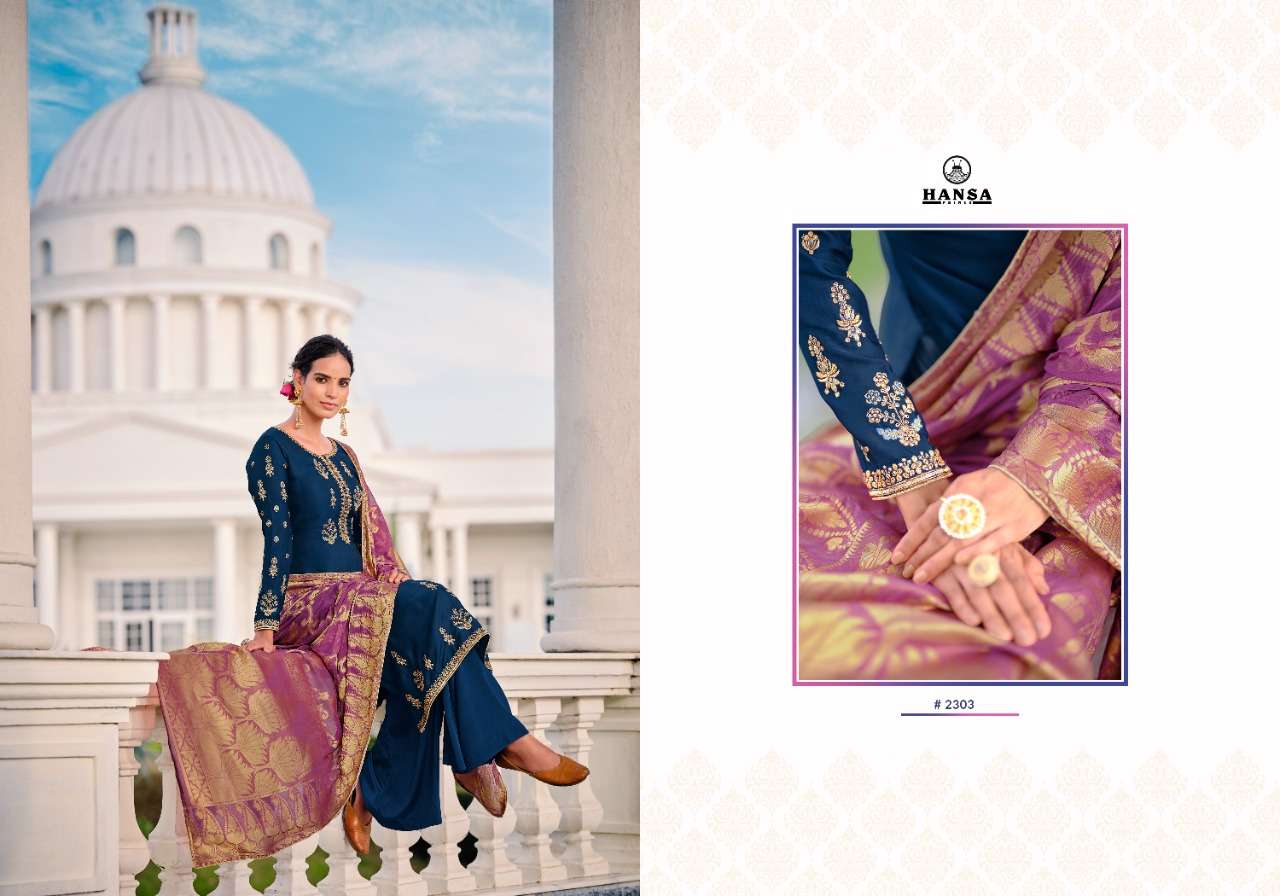 HANSA PRINTS PRESENT BANARAS BINDIYA SATIN GEORGETTE DESIGNER SUITS IN WHOLESALE RATE IN SURAT - SAI DRESSES