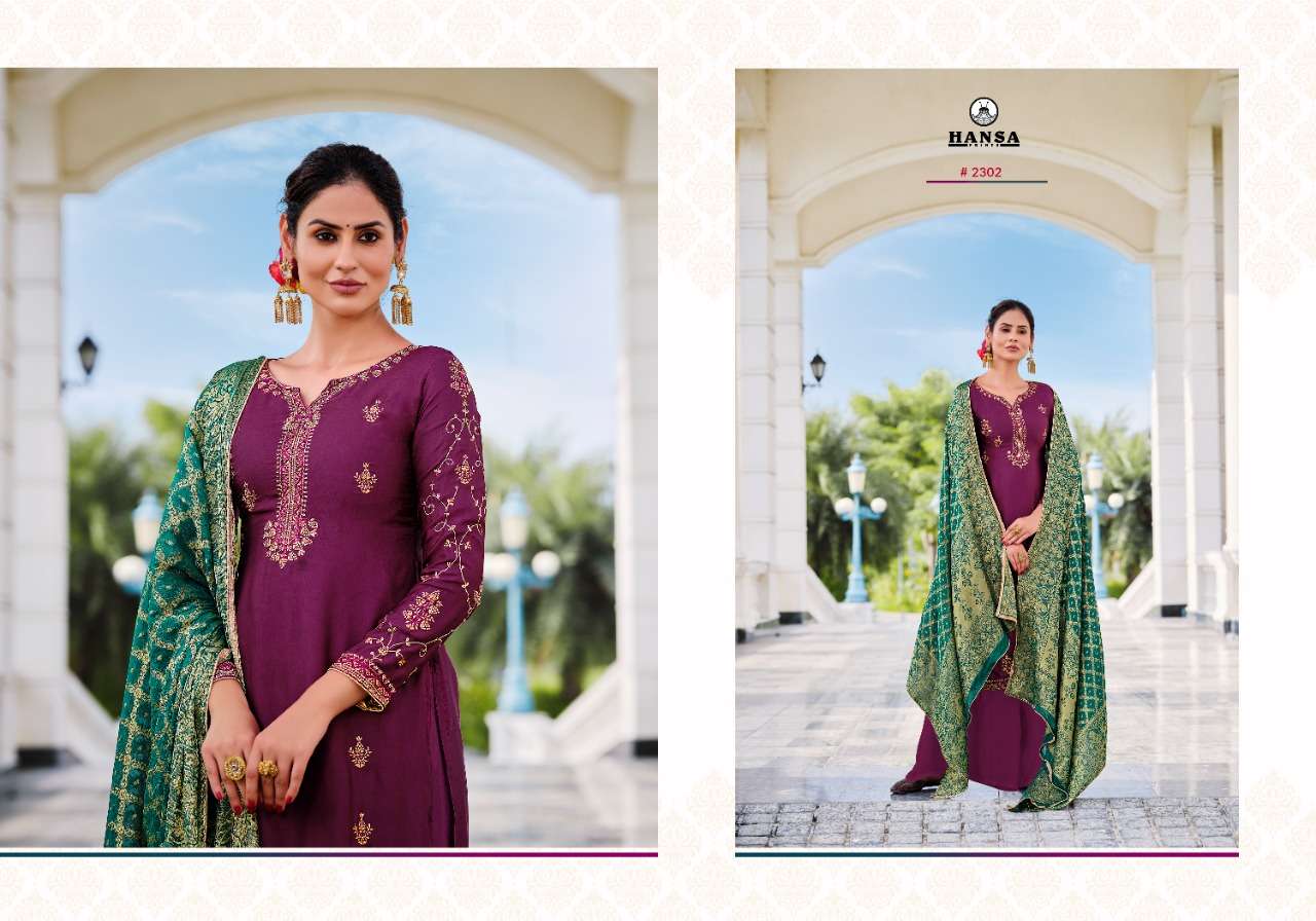 HANSA PRINTS PRESENT BANARAS BINDIYA SATIN GEORGETTE DESIGNER SUITS IN WHOLESALE RATE IN SURAT - SAI DRESSES
