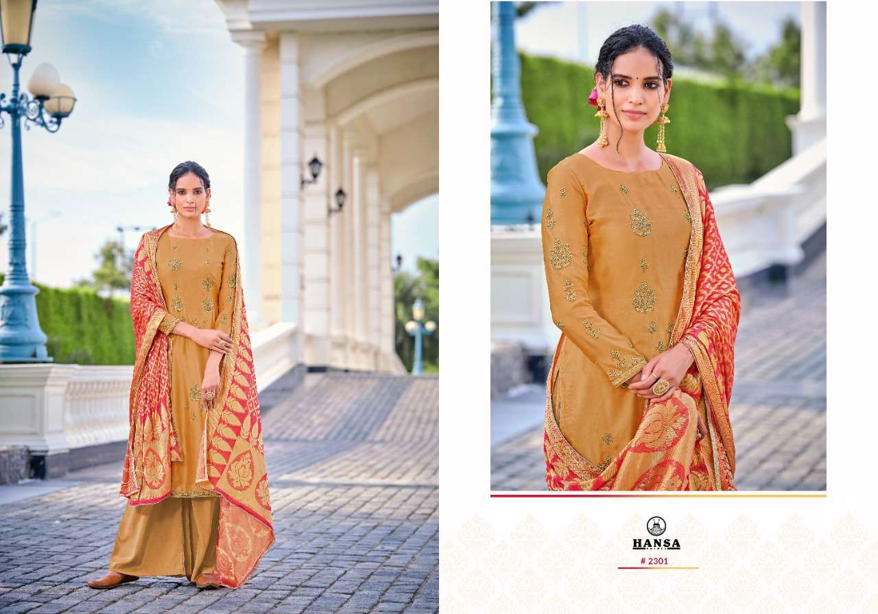 HANSA PRINTS PRESENT BANARAS BINDIYA SATIN GEORGETTE DESIGNER SUITS IN WHOLESALE RATE IN SURAT - SAI DRESSES