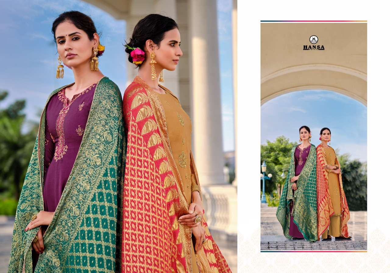 HANSA PRINTS PRESENT BANARAS BINDIYA SATIN GEORGETTE DESIGNER SUITS IN WHOLESALE RATE IN SURAT - SAI DRESSES