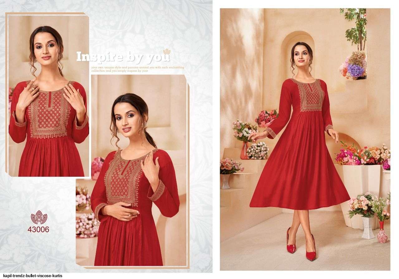 KAPIL TRENDZ PRESENT BULLET READY TO WEAR VISCOSE SILK DESIGNER KURTIS IN WHOLESALE RATE IN SURAT - SAI DRESSES