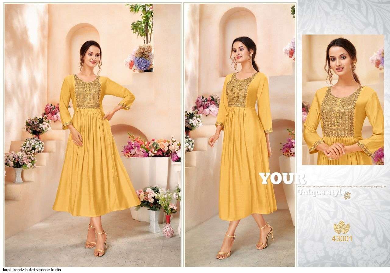 KAPIL TRENDZ PRESENT BULLET READY TO WEAR VISCOSE SILK DESIGNER KURTIS IN WHOLESALE RATE IN SURAT - SAI DRESSES