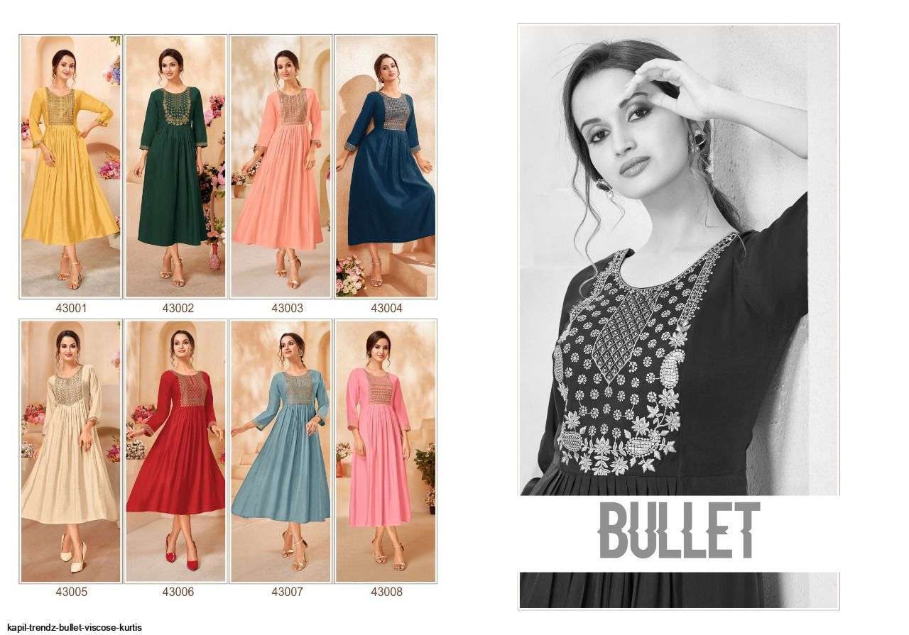 KAPIL TRENDZ PRESENT BULLET READY TO WEAR VISCOSE SILK DESIGNER KURTIS IN WHOLESALE RATE IN SURAT - SAI DRESSES