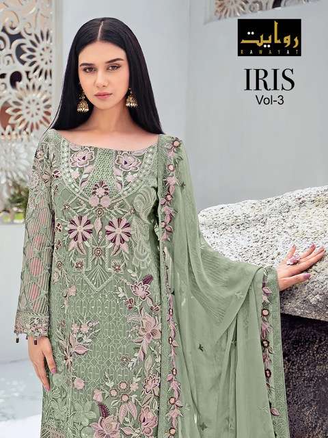   RAWAYAT PRESENT IRIS VOL 3 SEMI STITCHED HEAVY PAKISTANI DESIGNER SUITS IN WHOLESALE PRICE IN SURAT - SAI DRESSES