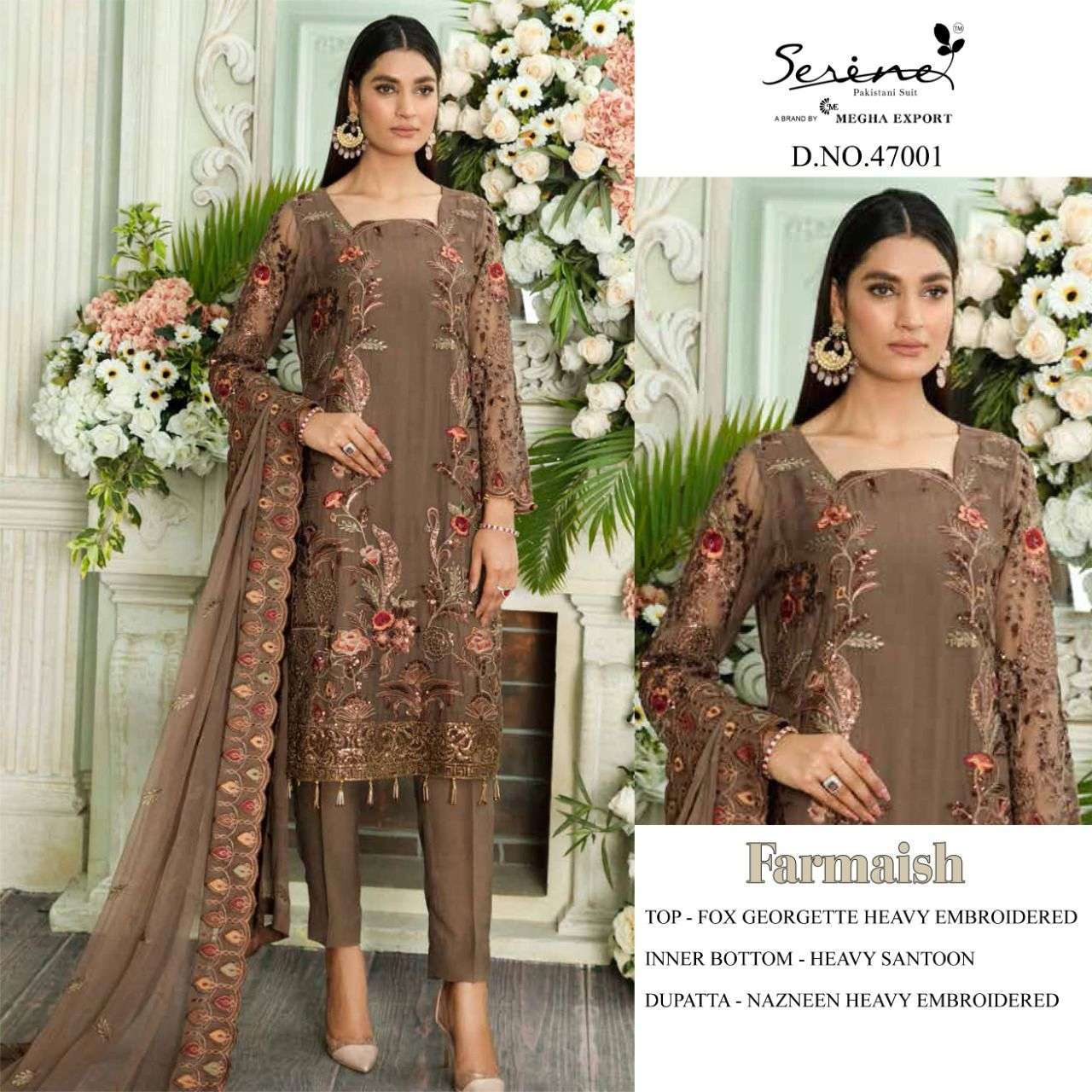 SERENE PRESENT FARMAISH SEMI STITCHED GEORGETTE HEAVY EMBROIDERED PAKISTANI SUITS IN WHOLESALE RATE IN SURAT - SAI DRESSES