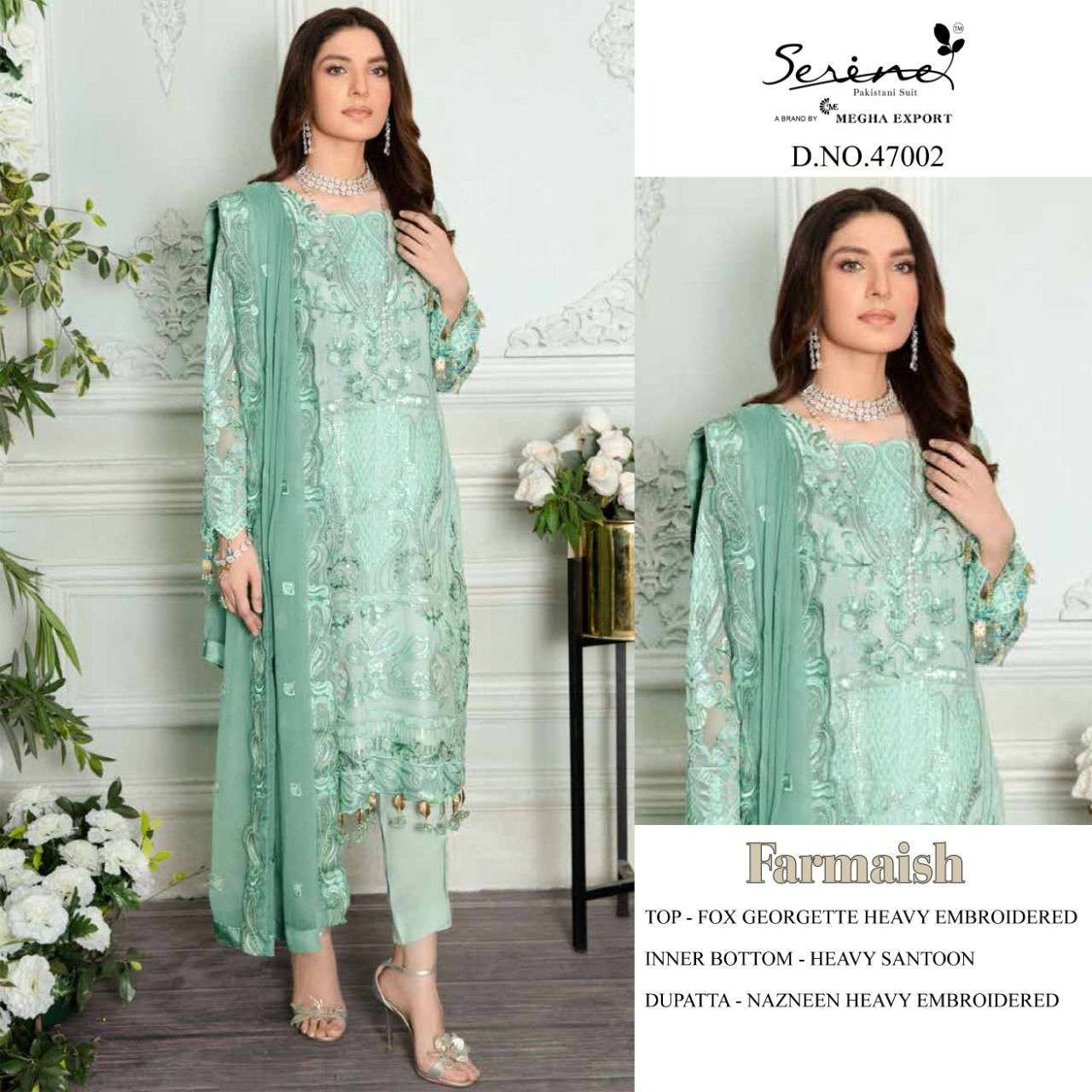 SERENE PRESENT FARMAISH SEMI STITCHED GEORGETTE HEAVY EMBROIDERED PAKISTANI SUITS IN WHOLESALE RATE IN SURAT - SAI DRESSES