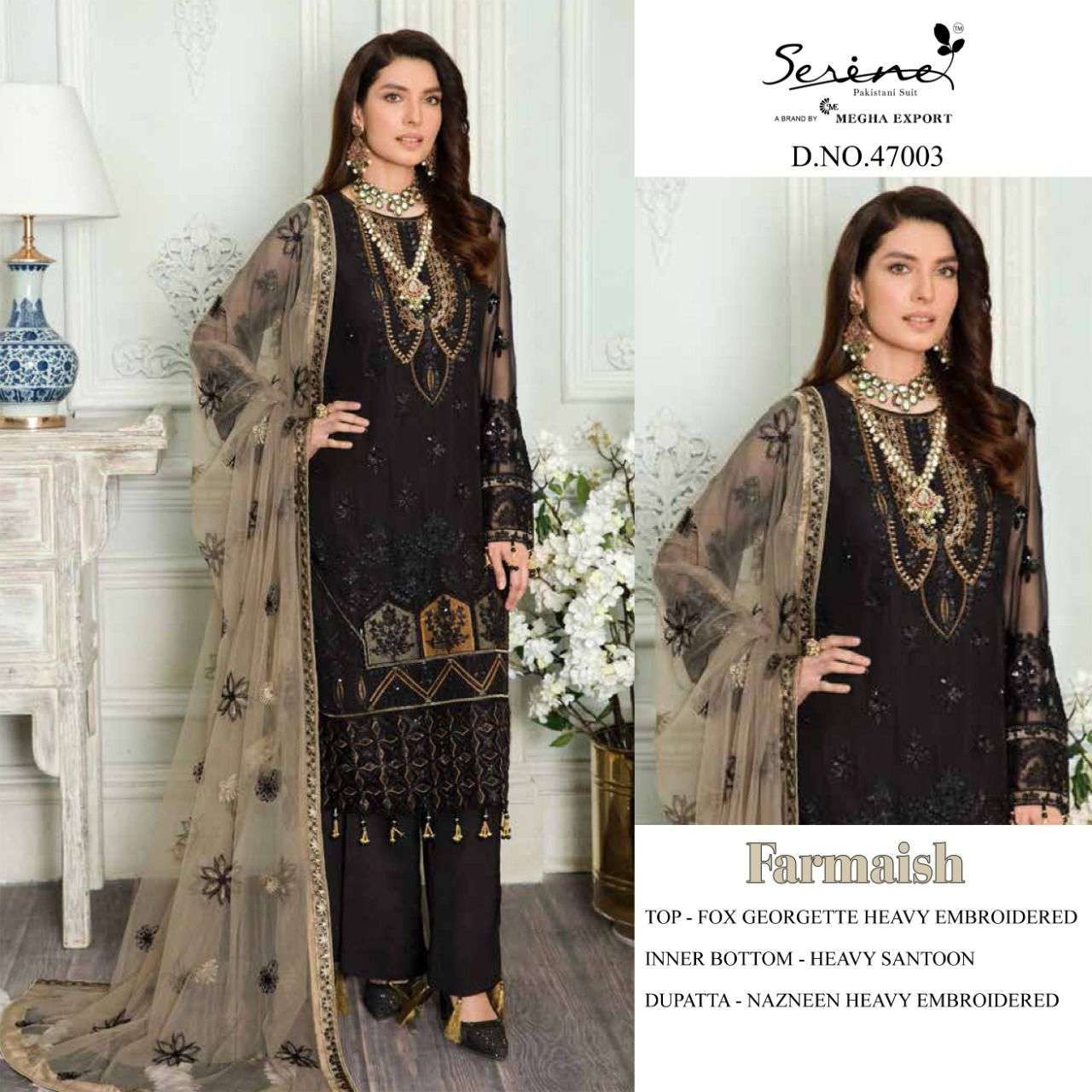 SERENE PRESENT FARMAISH SEMI STITCHED GEORGETTE HEAVY EMBROIDERED PAKISTANI SUITS IN WHOLESALE RATE IN SURAT - SAI DRESSES