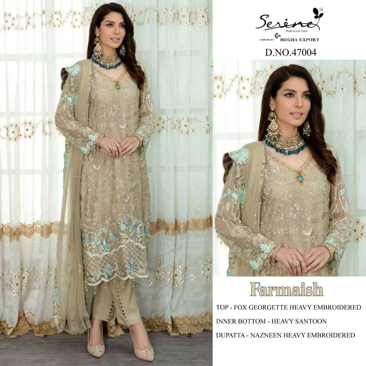 SERENE PRESENT FARMAISH SEMI STITCHED GEORGETTE HEAVY EMBROIDERED PAKISTANI SUITS IN WHOLESALE RATE IN SURAT - SAI DRESSES
