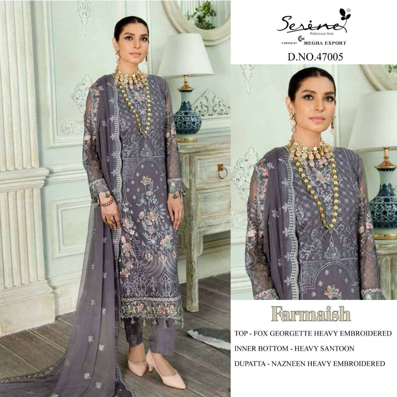 SERENE PRESENT FARMAISH SEMI STITCHED GEORGETTE HEAVY EMBROIDERED PAKISTANI SUITS IN WHOLESALE RATE IN SURAT - SAI DRESSES