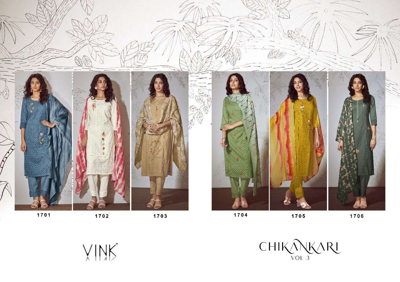 VINK PRESENT CHIKANKARI VOL 3 READYMADE PANT STYLE DESIGNER SUITS IN WHOLESALE RATE IN SURAT - SAI DRESSES